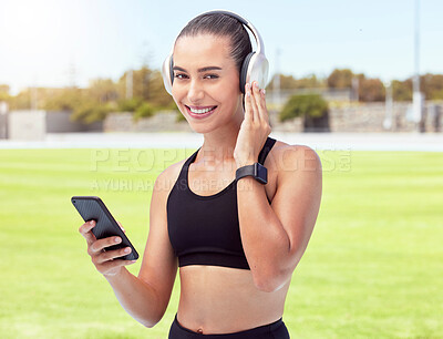 Buy stock photo Woman fitness runner listening to music, 5g phone for motivation, wellness or training outdoor sport or event. Girl sports athlete workout, running and podcast or radio exercise for cardio at stadium