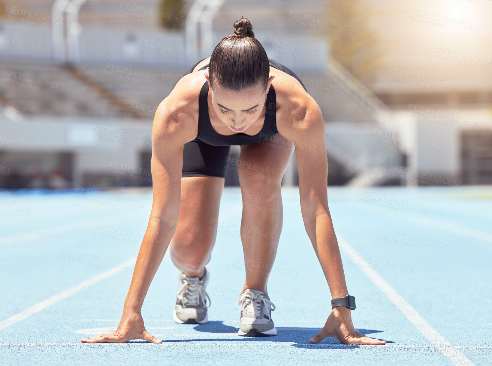 Buy stock photo Motivation, energy and runner start training at outdoor track, ready to practice go. Health, power and fitness goal by professional woman athlete with strong mindset prepare for speed, cardio sprint