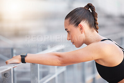 Buy stock photo Workout relax, thinking sports and woman with fitness idea, training for motivation and running in the city for cardio. Athlete runner doing exercise for health and rest after sport race at stadium