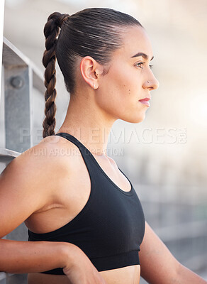 Buy stock photo Fitness, sports and a woman serious about health on outdoor path. Thinking, focus and concentration on exercise and motivation to workout. Sporty lady outside, relax in the morning and free to run.