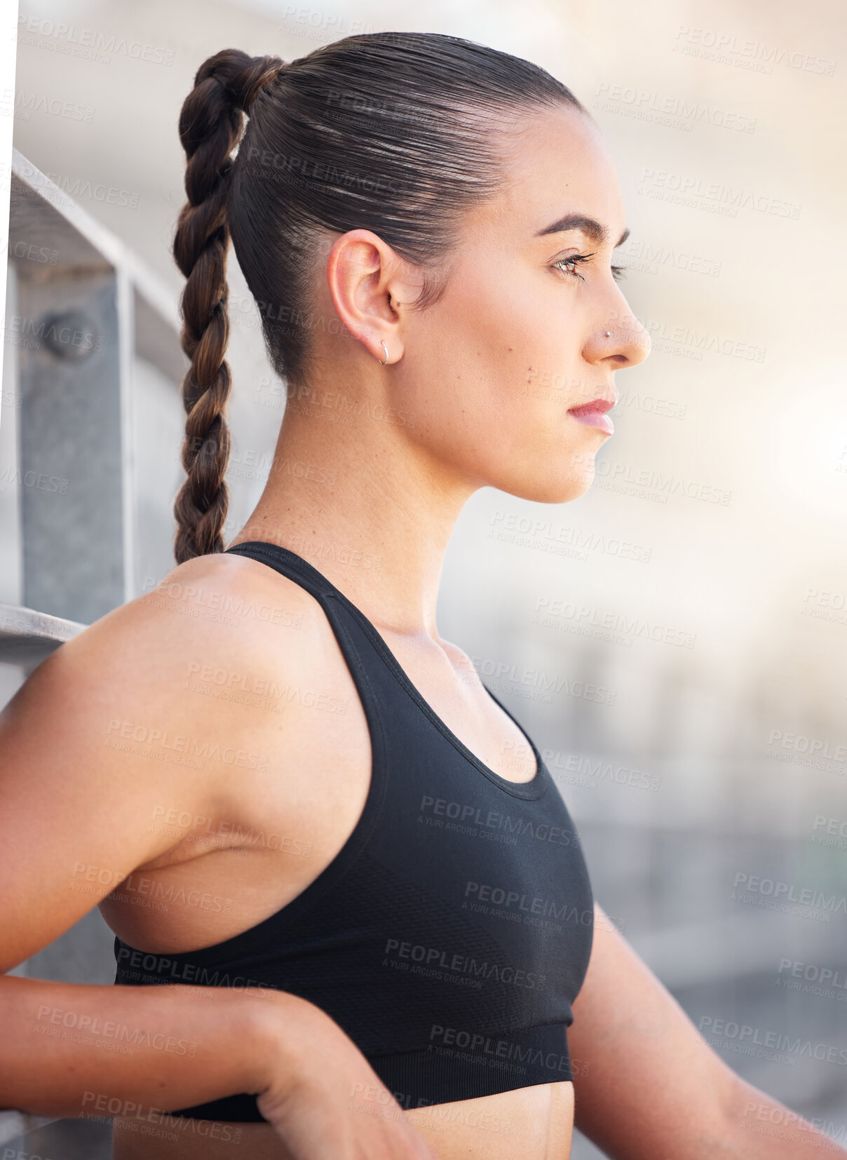 Buy stock photo Fitness, sports and a woman serious about health on outdoor path. Thinking, focus and concentration on exercise and motivation to workout. Sporty lady outside, relax in the morning and free to run.