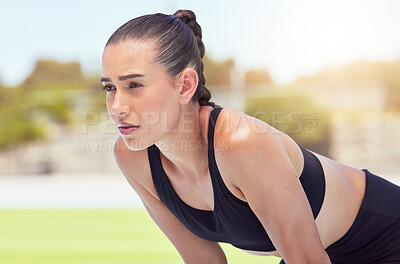 Buy stock photo Fitness, health and woman runner at stadium with mindset, vision or goal focus for race, event or sports marathon. Motivation, wellness or sport girl athlete for running workout, exercise or training