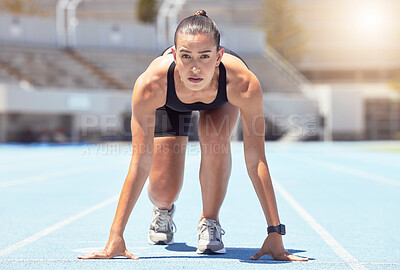 Buy stock photo Woman runner start position on race track, competition or cardio for healthy exercise, workout and fitness in stadium. Focus young female sports athlete ready in running challenge, speed and marathon