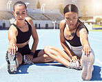 Fitness, motivation and women stretching hamstring in stadium for training, exercise or cardio workout or health warm up. Wellness, girl or woman with healthy runners at a sports event in summer