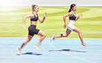 Motivation, energy and sports women runner training at racetrack, power and speed performance outdoor together. Freedom, health and marathon practice by female competing in sprint endurance workout