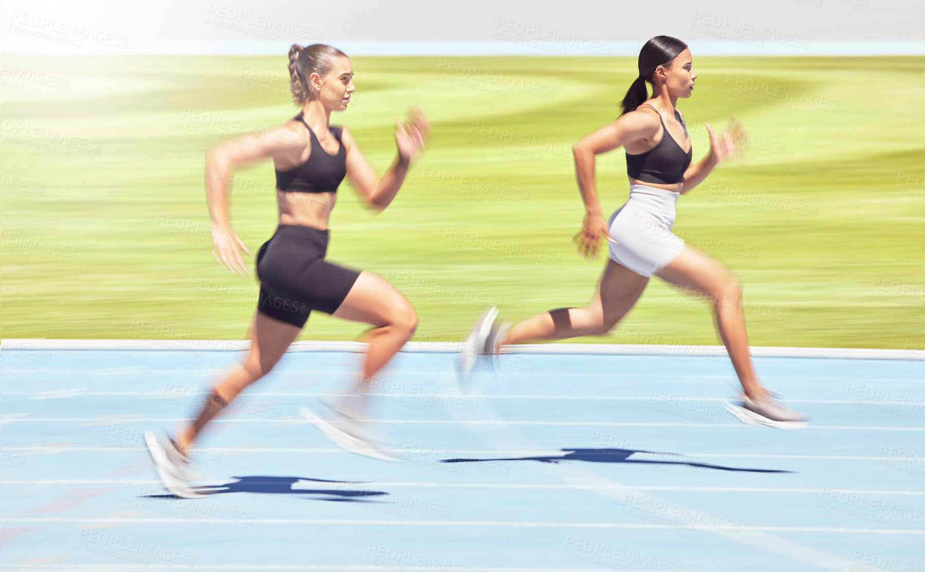 Buy stock photo Motivation, energy and sports women runner training at racetrack, power and speed performance outdoor together. Freedom, health and marathon practice by female competing in sprint endurance workout