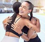 Friends hug and smile together, running or exercising outdoors in the sunshine. Woman, excited and meet happy friend during summer workout in the sun with smartwatch,  run for fitness and health