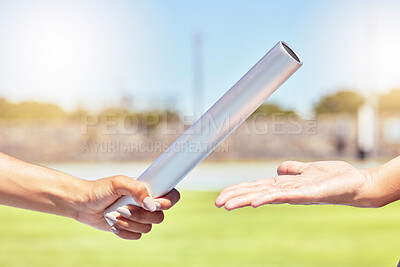 Buy stock photo Teamwork, sports and hands of runner with relay race with baton in field stadium event for health, training or fitness. Partnership, goal and support with athlete running in exercise or competition