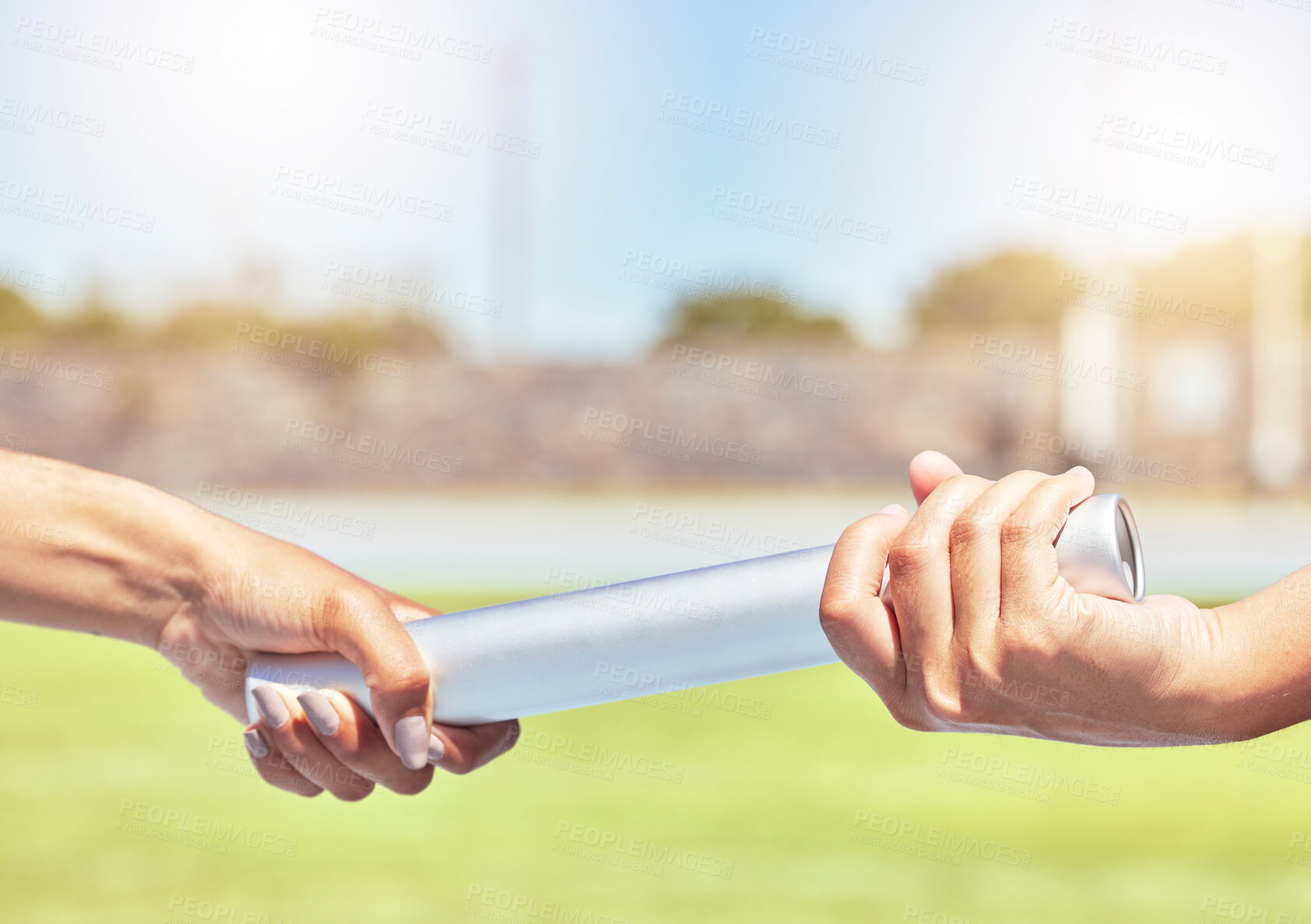 Buy stock photo Fitness, hands and relay for athletics of people in teamwork for running competition, sports and exercise. Hand of fit athlete team passing baton in athletic sport for healthy training in nature