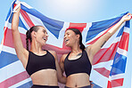 Women, athlete and happiness, running in sport event or international competition. Smile, happy and girl teamwork with flag of Great Britain at sport tournament or global contest show diversity