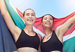 Women, athlete and celebration, running in sport event or global competition. Smile, happy and girl with team mate with flag of South Africa at sports tournament or championship for diversity