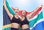 Sports women, athlete and south africa flag team winner celebration, achievement and global contest outdoor. Happy, excited and african country champion runner celebrate motivation, pride and success
