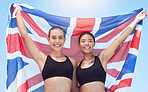 Sports, winner and english flag portrait with women athlete champion team success together. Pride, happiness and excited united kingdom olympic competition people celebration with smile.

