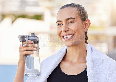 Buy stock photo Fitness, athlete woman with water bottle for her exercise or outdoor workout with sunshine and a smile, Young sports person drink water during training for healthy lifestyle, wellness and body goal