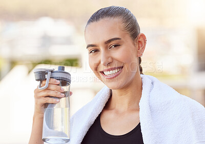 Buy stock photo Sports woman, runner and bottle water drink for exercise, training or workout recovery after running marathon or triathlon. Healthy track athlete hydrate and exercise for fitness, health and cardio