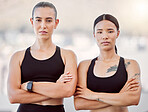Team of sports runner women in leadership, success and partnership for fitness, health and workout training together. Marathon and cardio exercise girl athlete friends in solidarity and collaboration