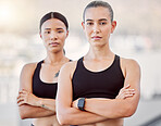 Fitness women, workout friends and exercise during athlete training, running and health goals while looking serious and ready outside. Portrait of female wellness partners together for accountability