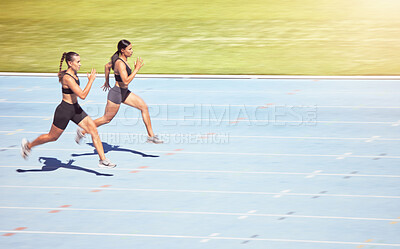 Buy stock photo Sports race, running stadium and women with energy for sport event, training fast for win and doing fitness marathon together. Athlete runner with power, mockup and speed in cardio field competition