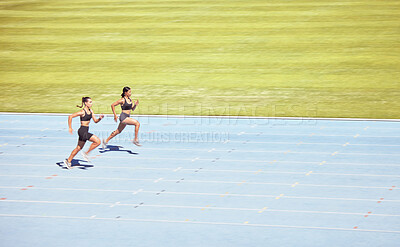 Buy stock photo Mockup space, runner and woman exercise, training and running on track for race. Health, female athletes and runners workout, sprinting and competing on race course, field and arena in sportswear. 