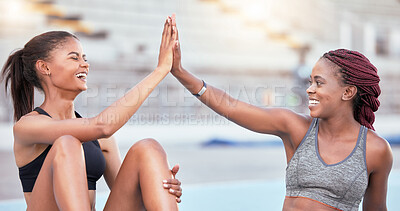 Buy stock photo Support, high five and black woman running team winner at athlete practice in stadium. Congratulations, motivation and success at workout training with happy and joyful fitness friends.