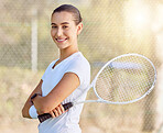 Tennis, sports and portrait of happy athlete standing on outdoor court with racket ready for game. Fitness, smile and woman tennis player with wellness, health and active lifestyle training for match