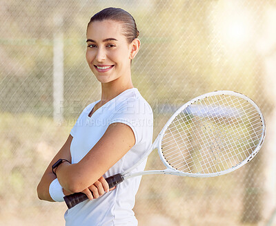 Buy stock photo Tennis, sports and portrait of happy athlete standing on outdoor court with racket ready for game. Fitness, smile and woman tennis player with wellness, health and active lifestyle training for match