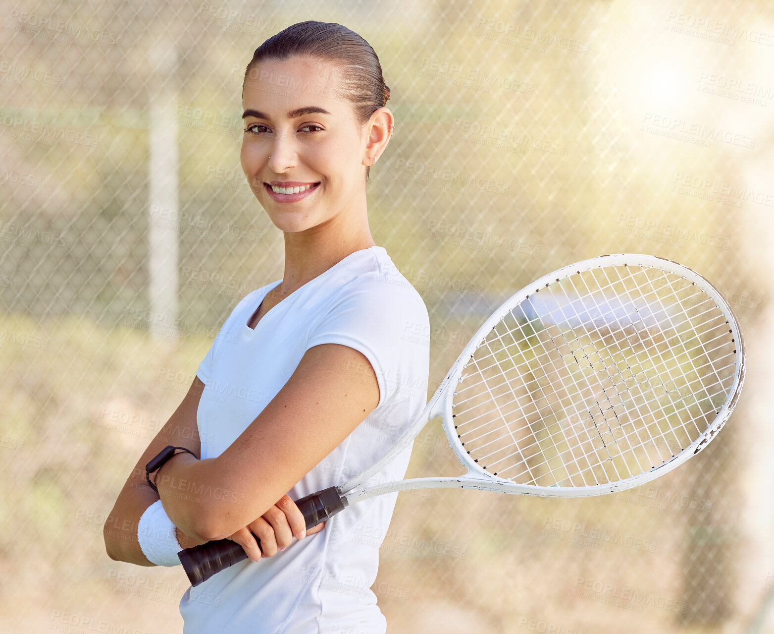 Buy stock photo Tennis, sports and portrait of happy athlete standing on outdoor court with racket ready for game. Fitness, smile and woman tennis player with wellness, health and active lifestyle training for match