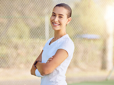 Buy stock photo Fitness, sport and tennis with woman on court with arms crossed for game, training and exercise. Motivation, wellness and summer with happy girl in sports club for workout, health and empowerment