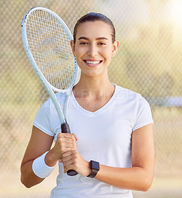 Buy stock photo Woman, happy and portrait of a tennis player with racket and a big smile at practice or training on a court. Fitness, happiness and young girl ready to start or play an outdoor sports match in spring