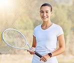 Woman, tennis and sports motivation on a court for fitness game, workout and competition training. Portrait, smile and happy player with racket for energy exercise, health wellness and winner mindset