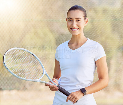 Buy stock photo Woman, tennis and sports motivation on a court for fitness game, workout and competition training. Portrait, smile and happy player with racket for energy exercise, health wellness and winner mindset