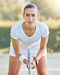 Tennis, portrait and sports woman with powerful mindset, vision or goal at outdoor sports court practice, training or match. Young woman professional athlete face with fitness mission or game outlook