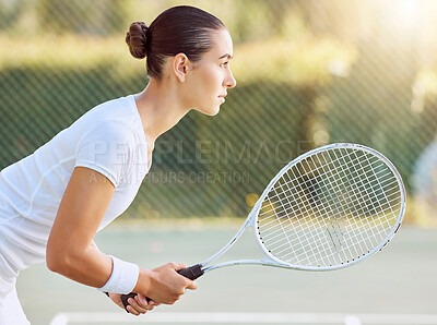 Buy stock photo Sports fitness, focus and tennis woman ready for start of game, match or tournament competition with flare. Motivation, exercise and training girl with winner mindset prepare for tennis court workout