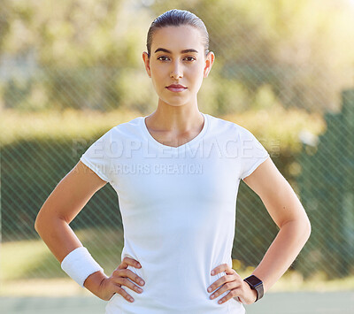 Buy stock photo Tennis sports woman for success, motivation and fitness  training for health, wellness and ready for start of game. Girl athlete workout, exercise and practice for focus, court performance and match