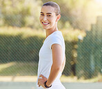 Sport, fitness and exercise with a sports woman on a court for a workout, training or health. Motivation, wellness and health with a young female athlete standing outdoor with her hands on her hips