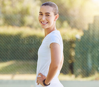 Buy stock photo Sport, fitness and exercise with a sports woman on a court for a workout, training or health. Motivation, wellness and health with a young female athlete standing outdoor with her hands on her hips