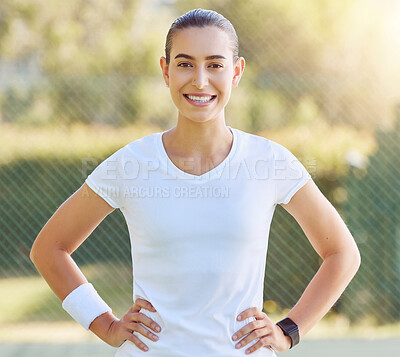 Buy stock photo Fitness, sport and woman tennis player at park, ready for training and cardio. Portrait, motivation and wellness goal by a smiling, proud female excited about health and competitive  match at court
