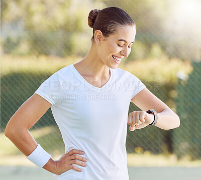 Buy stock photo Woman with watch relax after exercise, fitness or sports training for cardio, health and body wellness. Young girl, athlete or marathon runner with stopwatch pause to check workout running time time