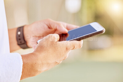 Buy stock photo Hand of business man with phone typing, text on social media or doing a internet, web or online search. Hand of travel businessman lost in new city using digital smartphone app, gps or map   