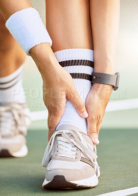 Buy stock photo Sports, fitness and pain on woman ankle injury from exercise, training or fitness accident on sport court. Zoom of girl athlete health risk, muscle injury or wound from workout at sport club.