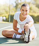 Tennis court, fitness and woman stretching legs for match game muscle endurance training exercise. Young, happy and strong sports girl cardio warm up for muscular injury safety for tournament.