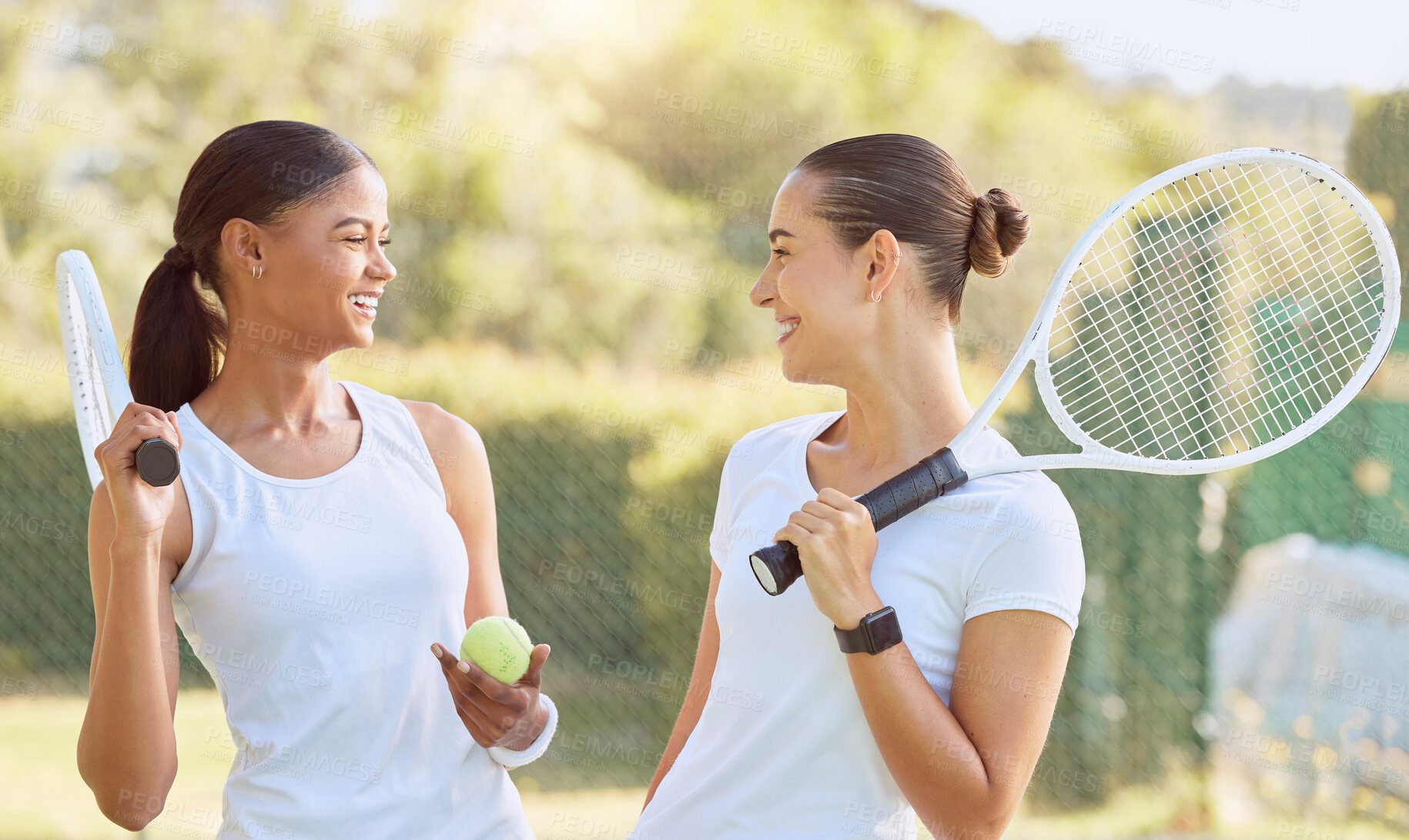 Buy stock photo Tennis game, sport team and women happy while training for sports competition, smile for motivation during fitness exercise and teamwork on court. Athlete player people in collaboration at match