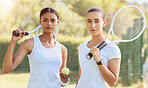 Tennis, friends and sports women ready to play competitive game as exercise, cardio and a fitness challenge outdoors. Healthy, players and girls with a ball and racket on a court for a serious match
