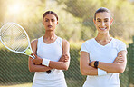 Sports, fitness and tennis friends ready for a friendly doubles practice or training match outdoors on a court in Australia. Teamwork, challenge and portrait of women excited to start cardio workout