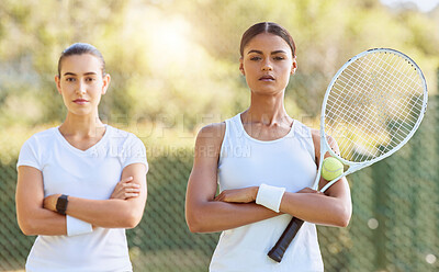 Women, tennis court and teamwork collaboration in sports workout, training and exercise for competition. Friends portrait, fitness and personal trainer with people, health goals and motivation vision