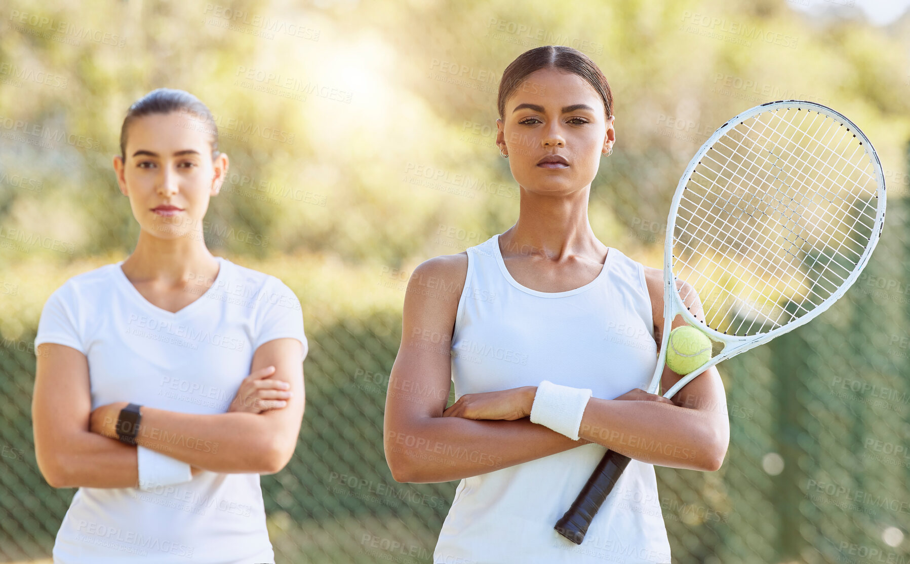 Buy stock photo Women, tennis court and teamwork collaboration in sports workout, training and exercise for competition. Friends portrait, fitness and personal trainer with people, health goals and motivation vision