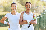 Friends, fitness and women tennis portrait for friendly competition training game together. Healthy, cheerful and happy athlete people enjoy outdoor cardio sports court workout exercise.
