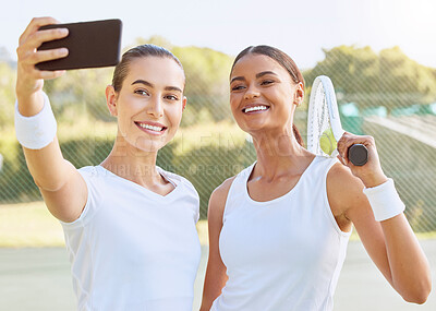 Buy stock photo Tennis selfie, video call phone and women training on court together, happy with sports game and talking on smartphone. Athlete team taking photo on tech while playing in competition