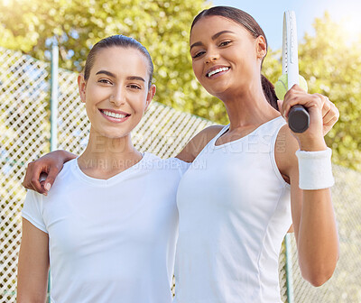 Buy stock photo Tennis, sport and friends with a sports woman and female athlete together outdoor on a court for exercise, training or workout. Fitness, health and partner with young women getting ready for a game