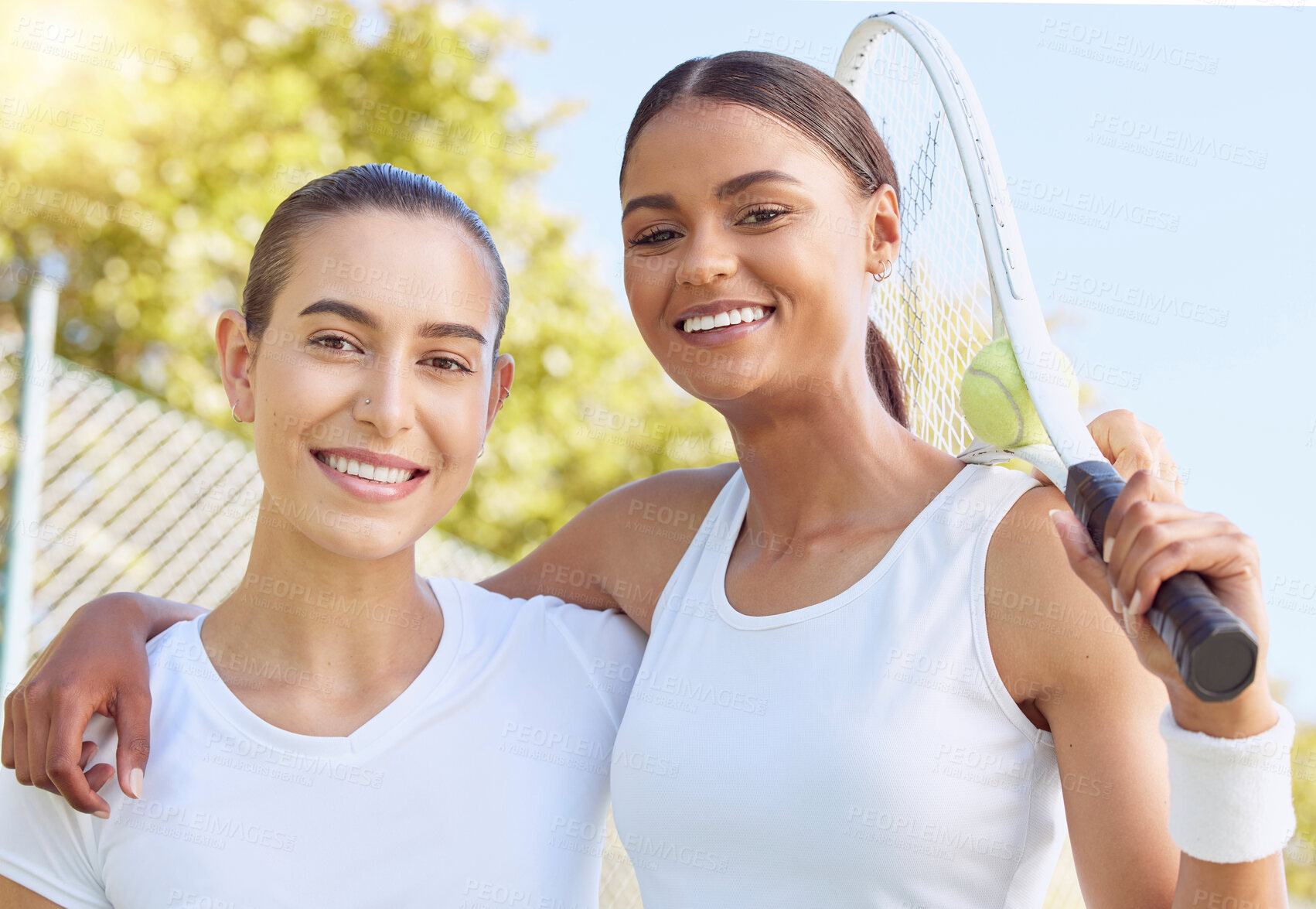 Buy stock photo Tennis, women and couple portrait with lens flare sunshine on blue sky. Fitness athlete or professional sports player training together for summer competition with trust, love and female empowerment
